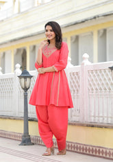 Peach Solid Viscose Kurta & Pant Set With Zari & Mirror Work-J4745PEACH